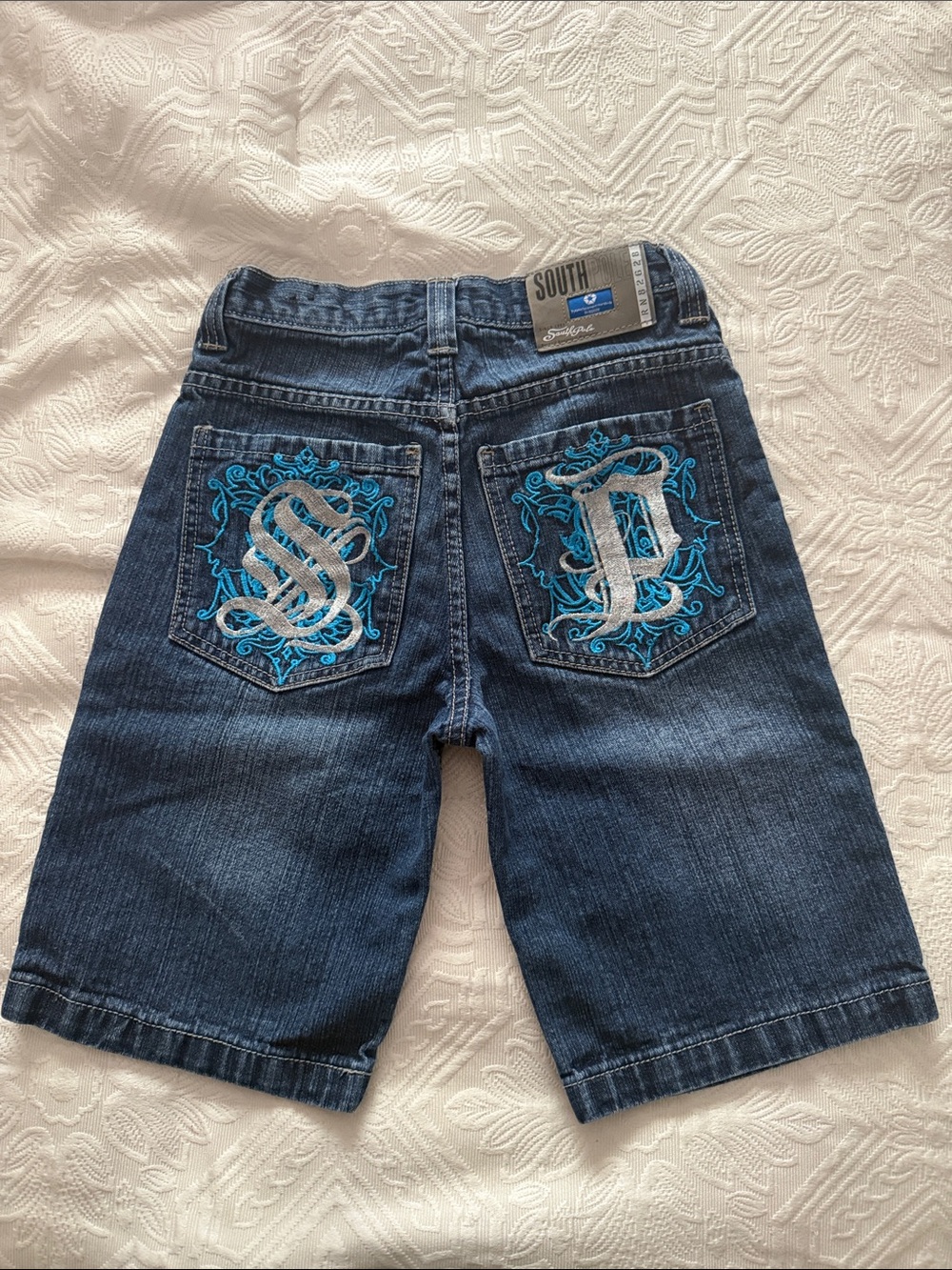 South Pole Dark Blue Denim Shorts with Turquoise Embroidery